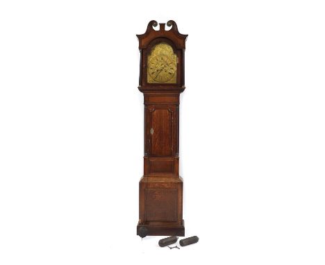 A George II oak longcase clock, James Candy, Cockermouth,with an eight-day striking movement, the arched brass dial engraved 