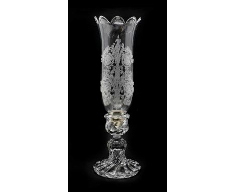 A Baccarat glass storm lantern,the moulded spiral base and stem leading to a shade with etched foliate design, acid mark to b