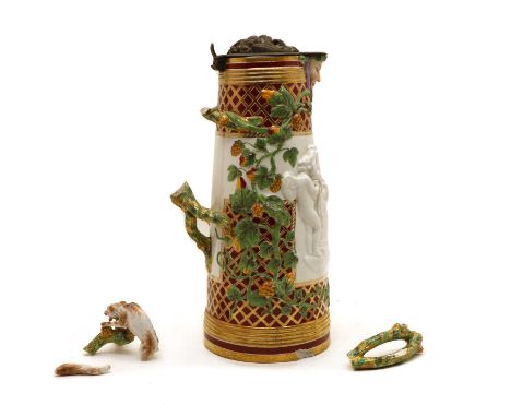 A large Meissen style porcelain lidded jug, 19th Century, decorated with a relief moulded allegorical scene within a red and 