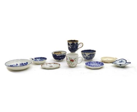 A collection of blue and white porcelain,18th century and later, comprising a Caughley tea bowl and saucer, c.1780, underglaz