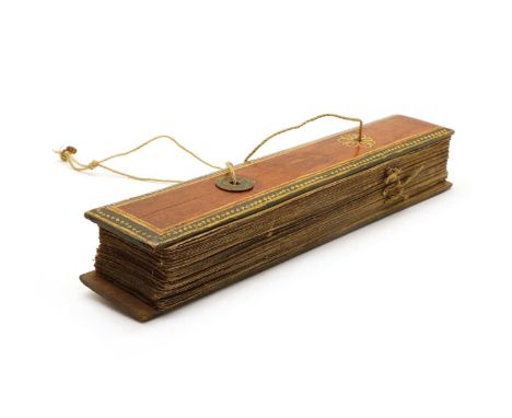 A Buddhist palm leaf manuscript, approximately 120 leaves, each written on both sides, with painted wooden end boards and thr