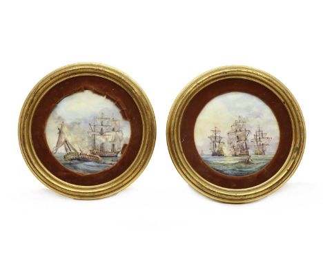 A pair of painted porcelain roundels,by S D Nowacki, 20th century, each depicting naval battle scenes, signed, within moulded
