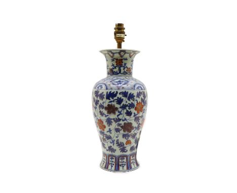 A Chinese vase table lamp,20th century, decorated with scrolling foliage,vase 34.5cm high, lamp 42cm high to fittingCondition