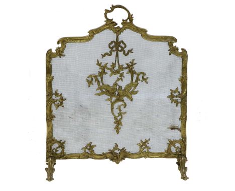 A late 19th early 20th French gilt mental fire screen, in the rococo style, the mesh centre with applied tied ribbon and love