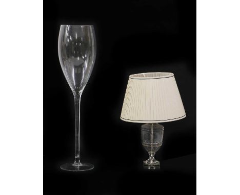 An etched glass table lamp,on a square base, with beige pleated shade,45cm high to fitting, total 65cm hightogether with an o