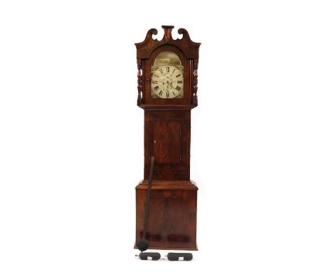 A Victorian mahogany eight-day longcase clock,Thomas Lees, Bury, c.1840, with a painted, arched dial over a short door and wi