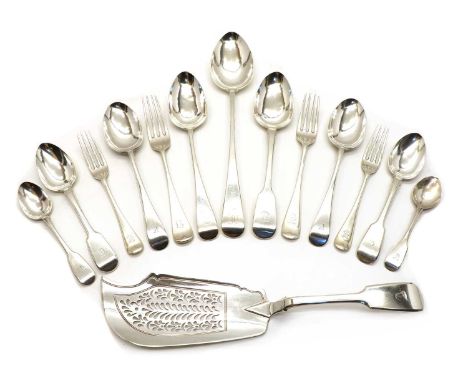 A pair of George III silver soup spoons,by Solomon Hougham, London 1801,together with a collection of Victorian and later fla