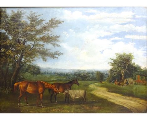 Horses with Gypsy Encampment in a Rural Landscape, 19th century oil on canvas signed and dated 1855 on a plaque in the frame 