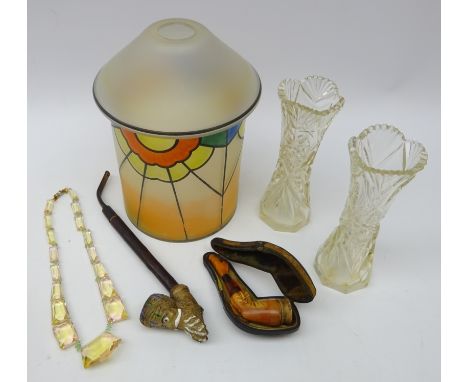 Carved Meerschaum pipe, 'Jacob' ceramic pipe, Art Deco faceted glass necklace, Art Deco frosted and painted light shade and p