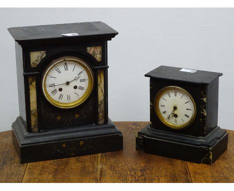Victorian architectural style black slate and marble cased mantel clock, white enamel dial with Roman numerals enclosing Fren