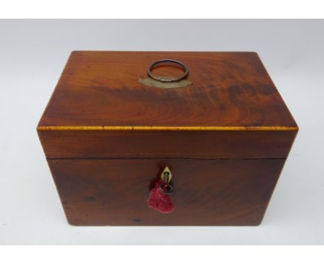 George III figured mahogany and satinwood strung tea caddy, ivory inlaid escutcheon, plated loop handle and fitted interior w