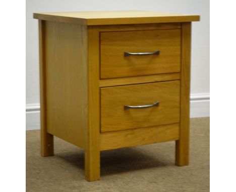 Solid light oak bedside chest, two drawers, stile supports, W46cm, H57cm, D44cm Condition Report Click here for further image