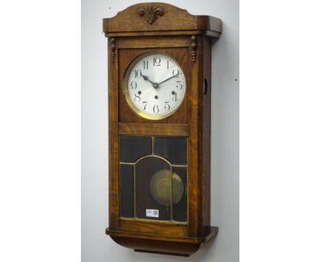 Early 20th century oak cased wall clock, triple train driven Westminster chiming movement, H75cm Condition Report Click here 