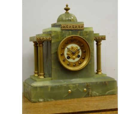 20th century green onyx mantel clock, temple shaped case with brass columns, gilt Roman dial inscribed Reid & Sons Paris, twi