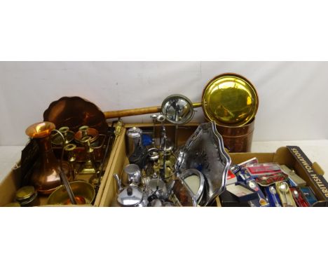 Collection of silver-plated crested souvenir teaspoons, mostly cased, pairs of brass candlesticks, binoculars, Victorian scen