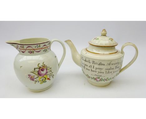 18th century Pearlware teapot, painted with flowers in polychrome enamels and verse 'Elizabeth Pattifon. Sowerby; Ladies all 