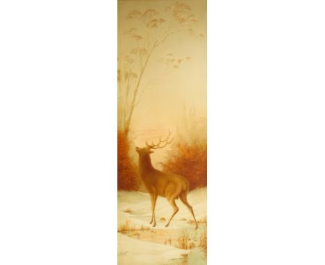 Stag in Winter Landscape, Edwardian coloured lithograph after E Vouga 89cm x 31cm in original oak frame Condition Report Clic