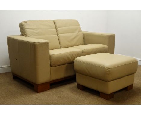 Two seat sofa, upholstered in beige leatherette fabric (W155cm) and two stools, (3)