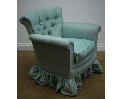 Early 20th century upholstered armchair, with buttoned back and loose seat cushion on cabriole legs, W80cm