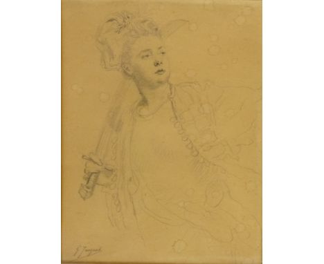 Female Figure with a Sword, signed pencil sketch by Gustav Jean Jacquet (French 1846-1909), 18cm x 14cm Condition Report Clic
