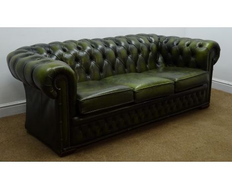 Chesterfield three seat sofa, upholstered in deep button green leather, W190cm Condition Report Click here for further images