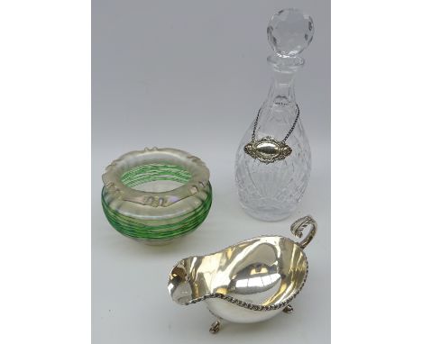 Loetz style bowl with green glass banding, D15cm, Edinburgh crystal decanter with hallmarked silver Port label and Victorian 