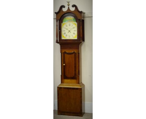 19th century cross banded oak longcase clock, broken arch pediment, brass finial with Phoenix, glazed door, painted arched Ro