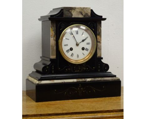 Victorian polished black slate and marble mantel clock, white Roman dial with twin train movement striking the half hours on 