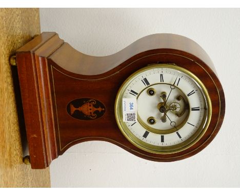 Edwardian inlaid mahogany balloon cased mantel clock, white dial with visible escapement, twin train Pert. Bally French movem