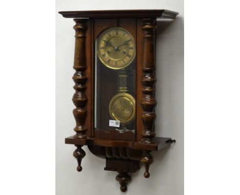 19th century walnut and beech Vienna wall clock, twin train movement striking the hours and half on rod, H65cm Condition Repo