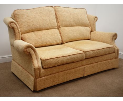 Three seat sofa, upholstered in chenille cover (W180cm) a matching two seat sofa (W150cm) and matching footstool 