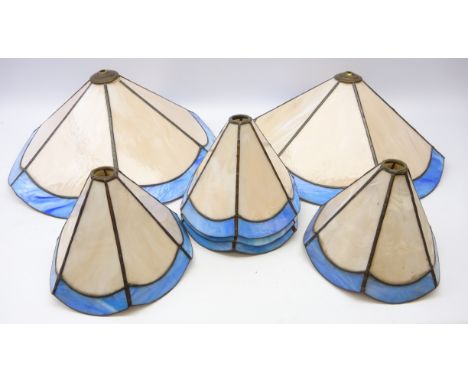 Set of ten leaded glass light shades & fittings comprising three pendant light fittings, two larger shades and five smaller, 