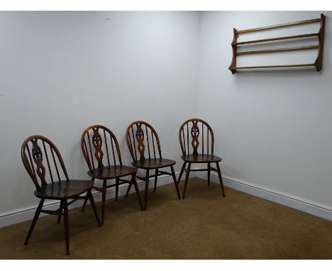 Set four Ercol hoop back chairs (W43cm) and an Ercol wall rack Condition Report Click here for further images, condition, auc