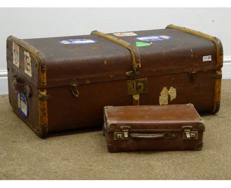 Vintage wooden bound travel chest, hinged lid with clasps (W81cm, H35cm, D51cm) and a leather suitcase (2) Condition Report C
