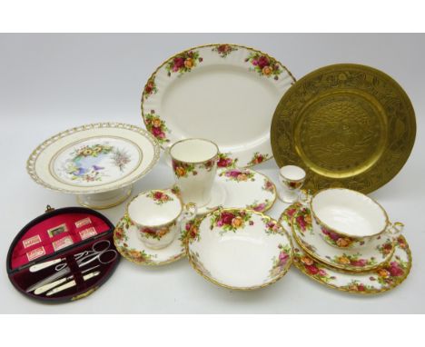 Assorted Royal Albert Old Country Roses tableware, German CT Altwasser hand painted reticulated comport, vintage manicure set