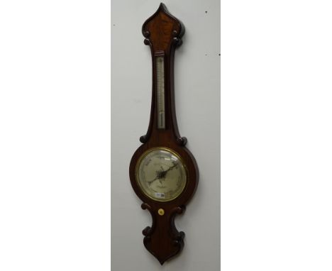 William lV wheel barometer with thermometer, scroll carved onion top rosewood case with silvered dials, inscribed A.C.Cattane