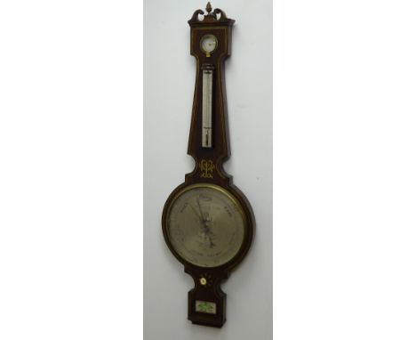 19th century rosewood mercury four dial barometer, swan neck pediment with cast gilt metal pineapple finial, hydrometer above
