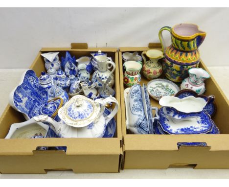 Rockingham style blue and white teapot, pair Warwick Ware Willow pattern mounted dishes, modern Delft ware, Italian pitchers 