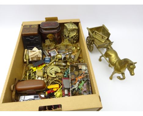 Six vintage lighters including Ronson, Mosda 500, Duxette and Gasboy, miniature brass collectables, brass terret and horse br