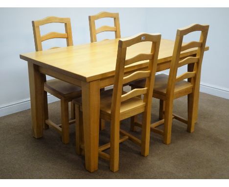 Solid beech rectangular dining table, square tapering supports (W150cm, H78cm, D90cm) and four ladder back chairs (W49cm) Con