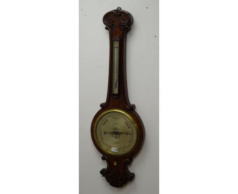 William lV wheel barometer with thermometer, scroll carved walnut case with silvered dials, inscribed Hyde Sleaford, H100 Con
