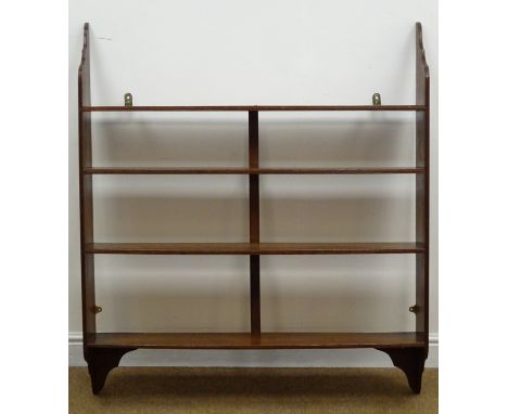 Edwardian oak wall hanging four tier book shelf with shaped ends, W107cm, H120cm, D17cm Condition Report Click here for furth