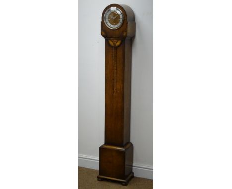 Early 20th century oak cased granddaughter clock, with silvered Roman chapter, triple train movement, Westminster chiming the