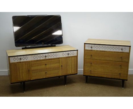 Vintage retro wood laminate chest, four drawers, tapering supports (W80cm, H81cm, D46cm) and matching dressing table, raised 