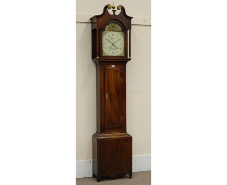 19th century inlaid mahogany longcase clock, broken arch pediment, single brass finial, arched painted dial with Arabic numer