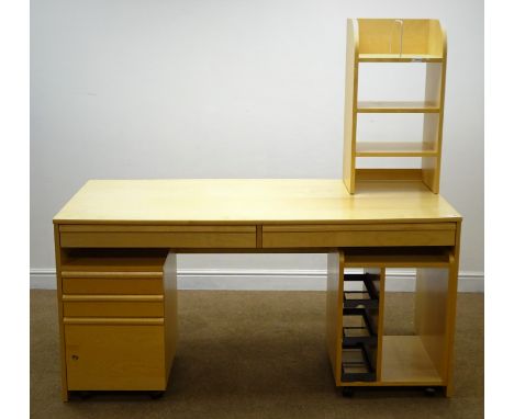 Light wood desk, two movable pedestals, and a shelving unit, W160cm, H79cm, D75cm Condition Report Click here for further ima
