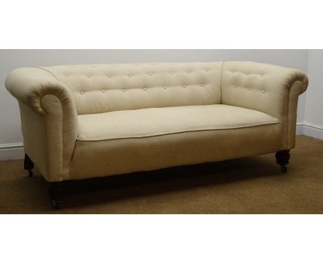 Victorian Chesterfield style sofa upholstered in beige buttoned fabric with turned walnut feet, W180cm Condition Report Click