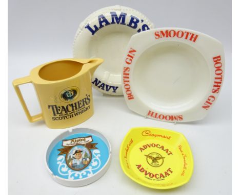 Lamb's Navy Rum Royal Norfolk pottery ashtray, D23cm, Booths Gin, Alpine Lager and Advocaat advertising ashtrays and Teacher'