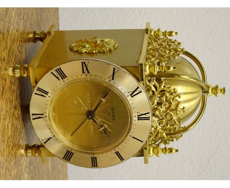 Swiza 8 brass lantern style alarm clock with silvered Roman chapter ring, H12.5cm, in original box with instructions   Condit