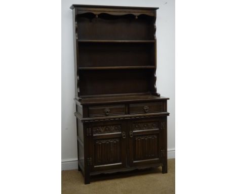 Early 20th century oak dresser, twin shelf back, two drawers above two linenfold carved doors, stile supports, W93cm, H176cm,